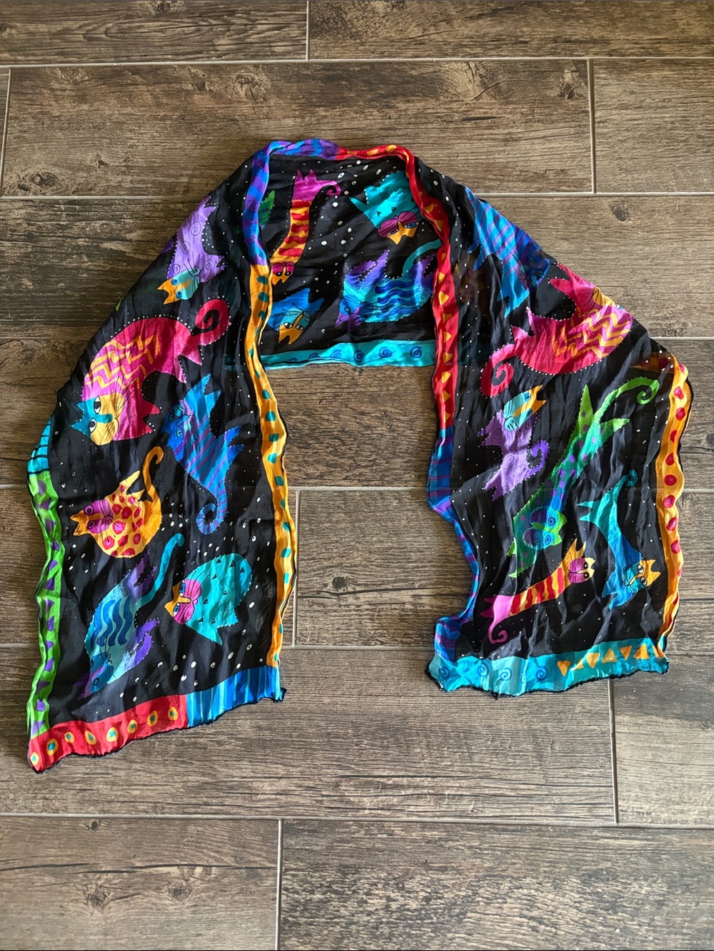Laurel Burch Black Multicolor Cat Print Scarf